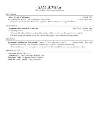 Jake’s resume template with a fictional machine learning example