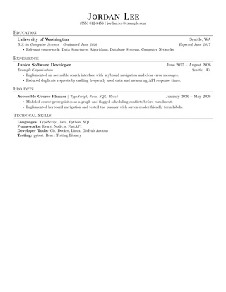 Jake’s resume template with a fictional new graduate example