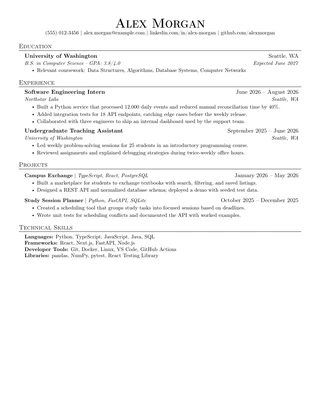 Jake’s resume template with a fictional software engineering intern example